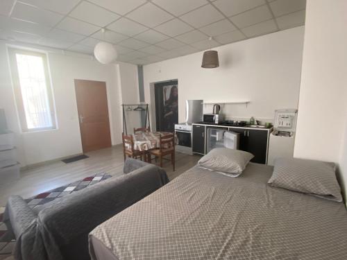 un salon avec un lit et une cuisine dans l'établissement Studio centre-ville, à Digne-Les-Bains