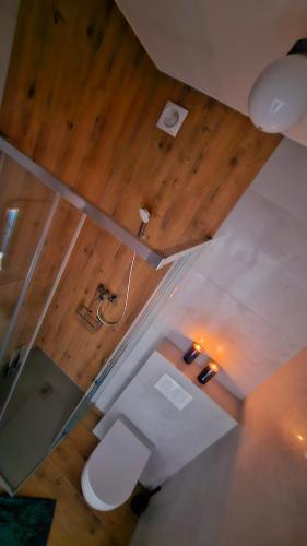 an overhead view of a bathroom with a toilet and wood floors at Apartamenty Dana in Pustkowo