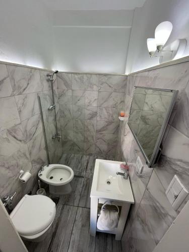 a bathroom with a toilet a sink and a mirror at Un lugar unico, cerca del Colon in Buenos Aires