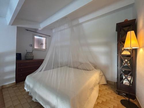 une chambre avec un lit avec moustiquaire dans l'établissement Sort tes tongs !!, au Cap d'Agde