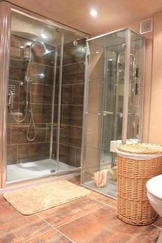 La salle de bains est pourvue d'une douche en verre et de toilettes. dans l'établissement Loft 190 m2, 10 minutes from St Tropez, à La Celle-sous-Gouzon