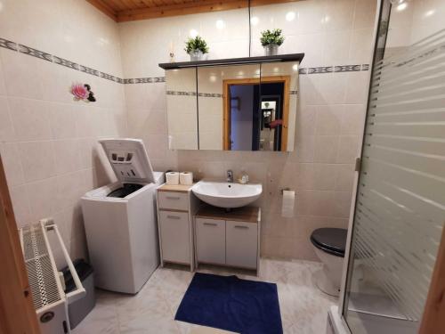 a bathroom with a sink and a toilet and a mirror at Fewo Backboard in Graal