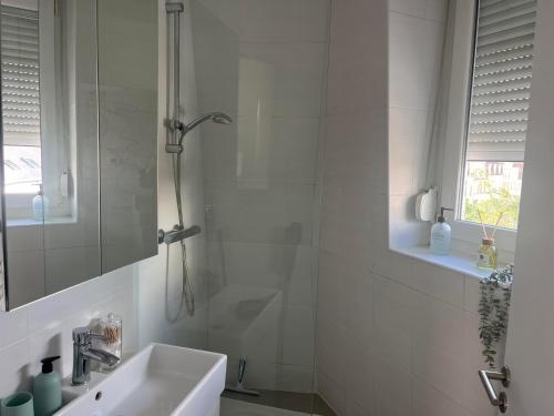une salle de bain blanche avec une douche et un lavabo dans l'établissement Lara Home, centre reims, à Reims