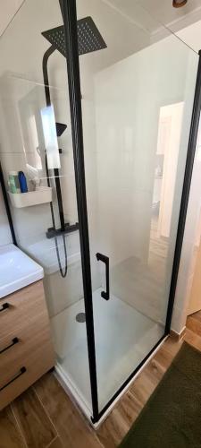 une douche avec une porte vitrée dans une salle de bain dans l'établissement Canet Plage - Maison 3 chambres, à Canet