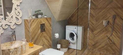 a bathroom with a washing machine and a shower at Domek VIP Resort Willa Adrian Zakopane in Poronin