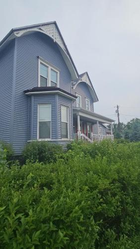 a large blue house on top of a field at Downstairs 2 Bedroom Apt- Pet Friendly- walking distance to beach & shops in Michigan City