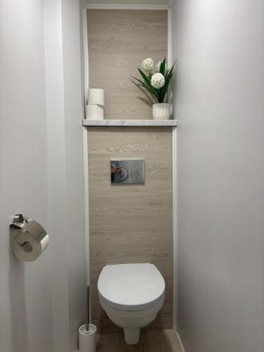 a small bathroom with a toilet and flowers on a shelf at Cozy apartment in Haapsalu in Haapsalu