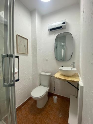 Un baño con un inodoro blanco y un lavabo. en BERCK RDC 4 6 pers600M plage, en Berck-sur-Mer