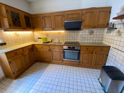 a kitchen with wooden cabinets and a stove top oven at Landhaus Marmorata FeWo in Sattendorf