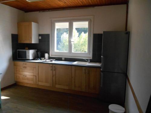 d'une cuisine équipée d'un réfrigérateur noir et d'une fenêtre. dans l'établissement B&B la rivière, à Penta-di-Casinca