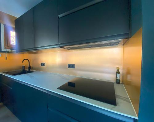 une cuisine avec un évier et un plan de travail dans l'établissement Bright, warm 2BR 2min to gondola, private garden, à Chamonix-Mont-Blanc