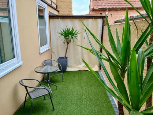 a patio with two chairs and a table and plants at Ferienwohnung König in Arendsee