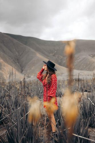 a woman standing in a field talking on a cell phone at Tunas & Cabras Hotel in Ibarra