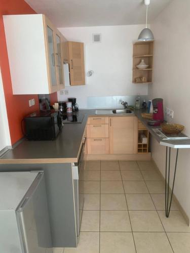 une cuisine avec des armoires en bois et un comptoir dans l'établissement appartement Vannes port, à Vannes