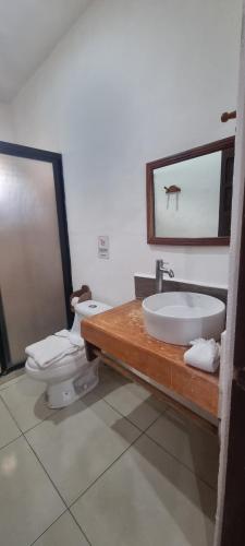 um banheiro com pia e vaso sanitário em Hotel Iker em Tulum