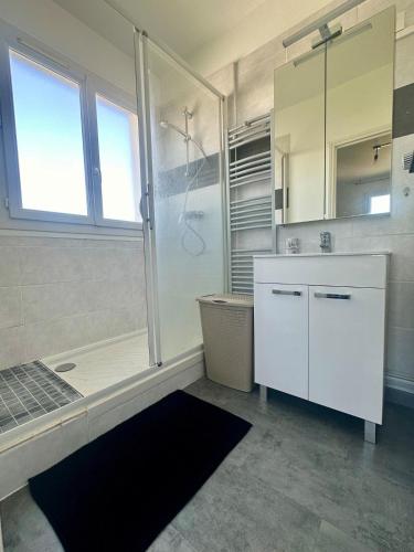 une salle de bain blanche avec une douche et un lavabo dans l'établissement L'atelier Panoramique, à Blois