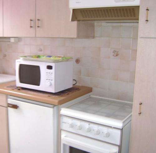 une cuisine avec un four micro-ondes au-dessus d'un comptoir dans l'établissement Appartement plein cœur la Bourboule, à La Bourboule