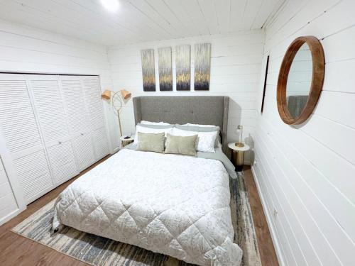 a bedroom with a bed and a mirror at Downward Dog Lodge - Hot Tub, Pool Table, Fireplace, Yoga Den in Blue Ridge