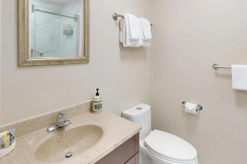 un bagno con lavandino, WC e specchio di The Driftwood Deck 5A a Wasaga Beach