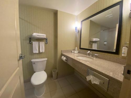 a bathroom with a toilet and a sink and a mirror at Wingate by Wyndham Fort Saskatchewan in Fort Saskatchewan