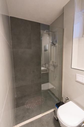 a bathroom with a shower and a toilet at Modern Bazaar Apartment in Gjakove