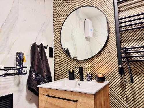 a bathroom with a sink and a mirror at Pokoje Apartamenty w Dolinie Rospudy in Skazdub Stary