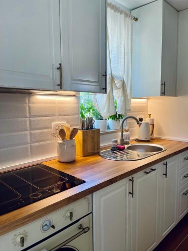 a kitchen with white cabinets and a sink at Spa Garden Lounge in Mali Lošinj