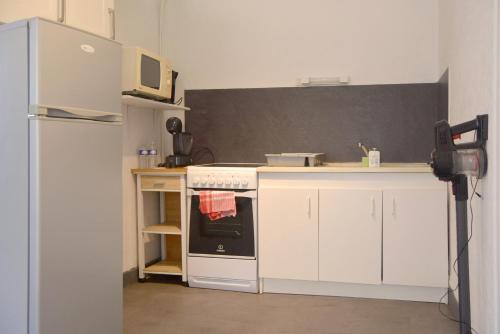 a kitchen with a white stove and a refrigerator at Le Bourgneuf in Chartres