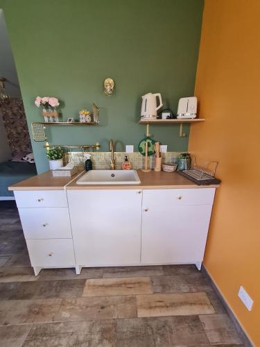 une cuisine avec un évier blanc et un mur vert dans l'établissement Dépendance entre CAEN et la mer, à Lasson