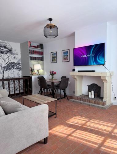 ein Wohnzimmer mit einem Kamin und einem TV darüber. in der Unterkunft Art district Triplex next to Royal Castle in Blois