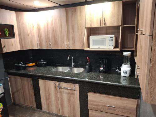 una cocina con fregadero y microondas en Alquileres El Ángel, en San Salvador