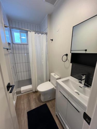 a white bathroom with a toilet and a sink at Adrian's Suites 1 Bedroom Junior Suite in Wasaga Beach