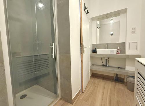 une salle de bain avec douche et lavabo dans l'établissement Studio cosy a juan les pins, à Antibes