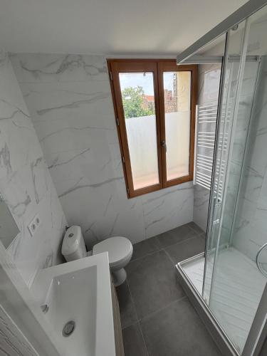 une salle de bain avec toilettes, lavabo et douche dans l'établissement Maison proche plages, climatisée, piscine, à Argelès-sur-Mer