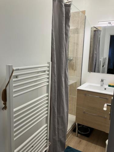 une salle de bain avec un rideau de douche et un lavabo dans l'établissement Appartement avec terrasse plein soleil Marseille, à Marseille
