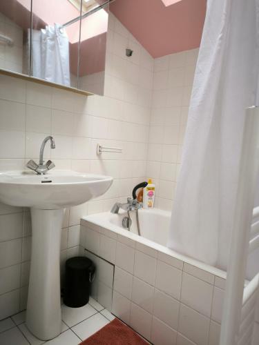 une salle de bain avec un lavabo et une baignoire dans l'établissement La maisonnette entre terre et mer, à Lanloup