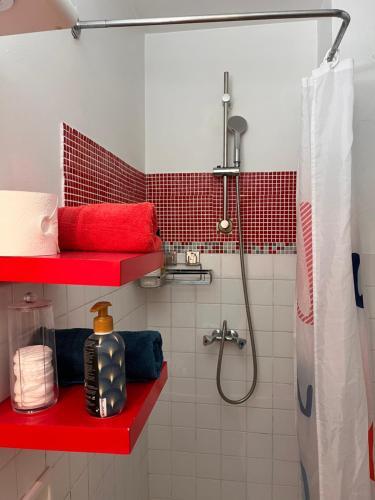 une salle de bain avec des étagères rouges et une douche dans l'établissement T1 en face de la Timone, à Marseille