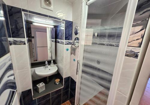 une petite salle de bain avec un lavabo et une douche dans l'établissement Grand Studio aux Salins - climatisation - terrasse - 90m de la mer, à Hyères