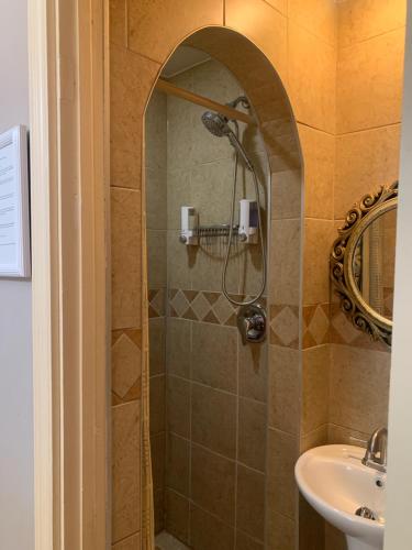 un baño con ducha y lavabo en B&B Saint Louis, en Quebec