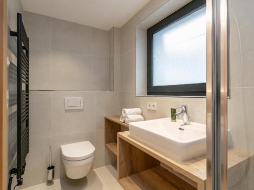 a bathroom with a sink and a toilet and a window at Alpenlodge Pettneu Lodge XL in Pettneu am Arlberg