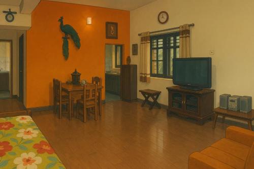 a living room with a television and a dining room at Shree Homestay in Manipala