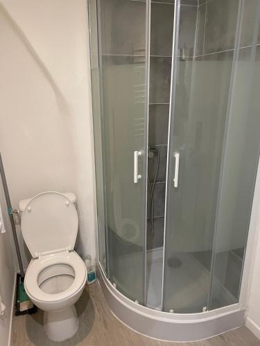 une salle de bain avec toilettes et douche en verre dans l'établissement Studio Vieux Nice, à Nice