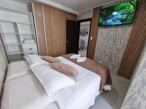 ein Schlafzimmer mit einem Bett mit zwei Kissen und einem TV in der Unterkunft Dpto 1 dorm, 2 TVs, 2 AirCond, piscina & cowork in Santa Cruz de la Sierra