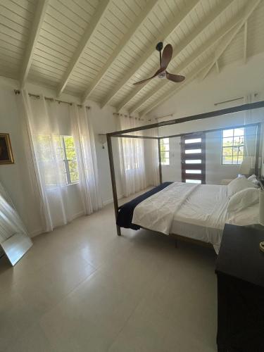 a bedroom with a bed and a ceiling fan at Luxury 7BR 5BA Oceanview Villa Altrui - Sleeps up to 18 in Saint Marks Village