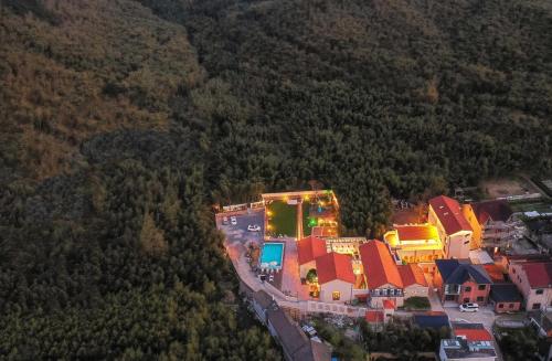 an aerial view of a building in the middle of a forest at Dashuxia Hotel in Houhong