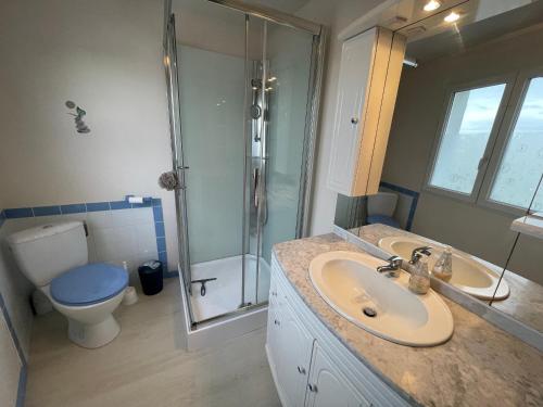 une salle de bain avec un lavabo, une douche et des toilettes dans l'établissement Maison familiale près plage avec WiFi et animaux admis - FR-1-22-378, à La Tranche-sur-Mer