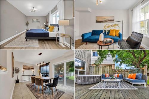 a collage of four pictures of a living room at Instaworthy Home - Relaxing Patio - Hot tub & BBQ in Cambridge