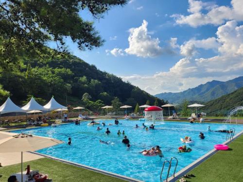 a group of people in a swimming pool with mountains in the background at Nine Valley Park in Boeun