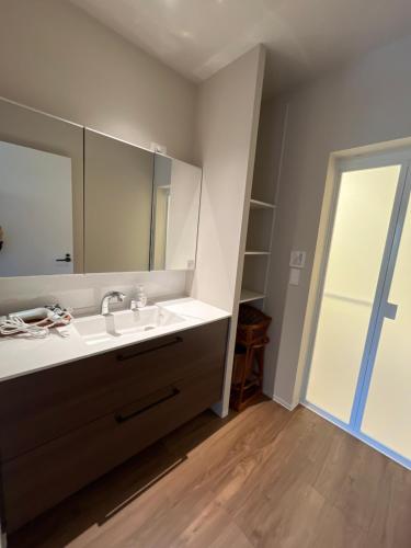 a bathroom with a sink and a mirror at 古民家ラグジュアリーホテル 金井西洋館 in Sado
