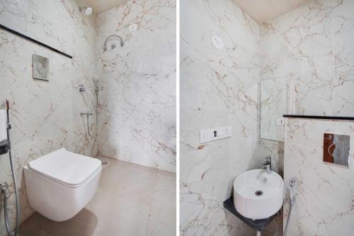 two pictures of a bathroom with a toilet and a sink at Collection O Ajmer Railway Station in Ajmer